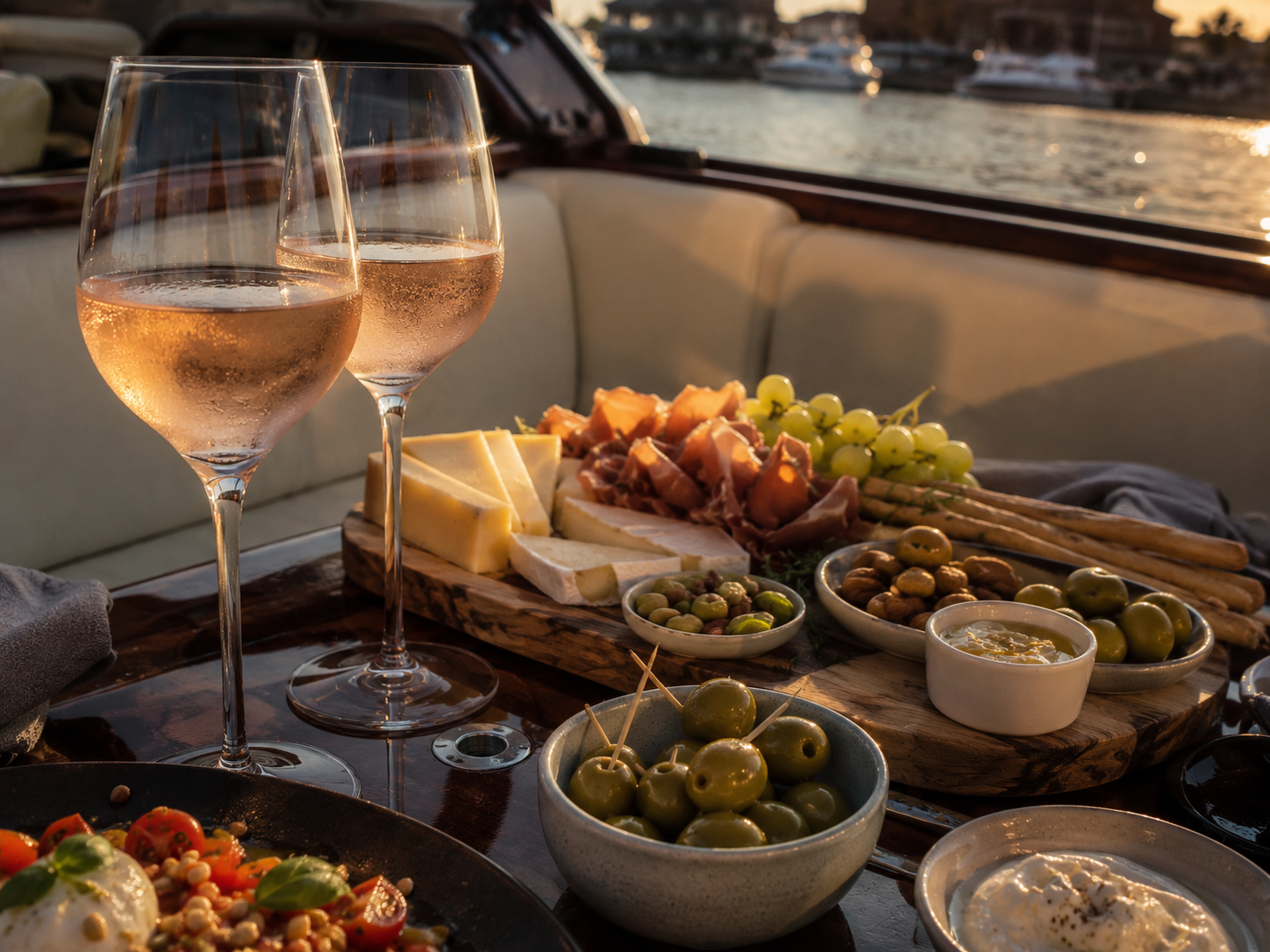 Twee glazen rosé en een verzorgde borrelplank met kaas, charcuterie en olijven aan boord