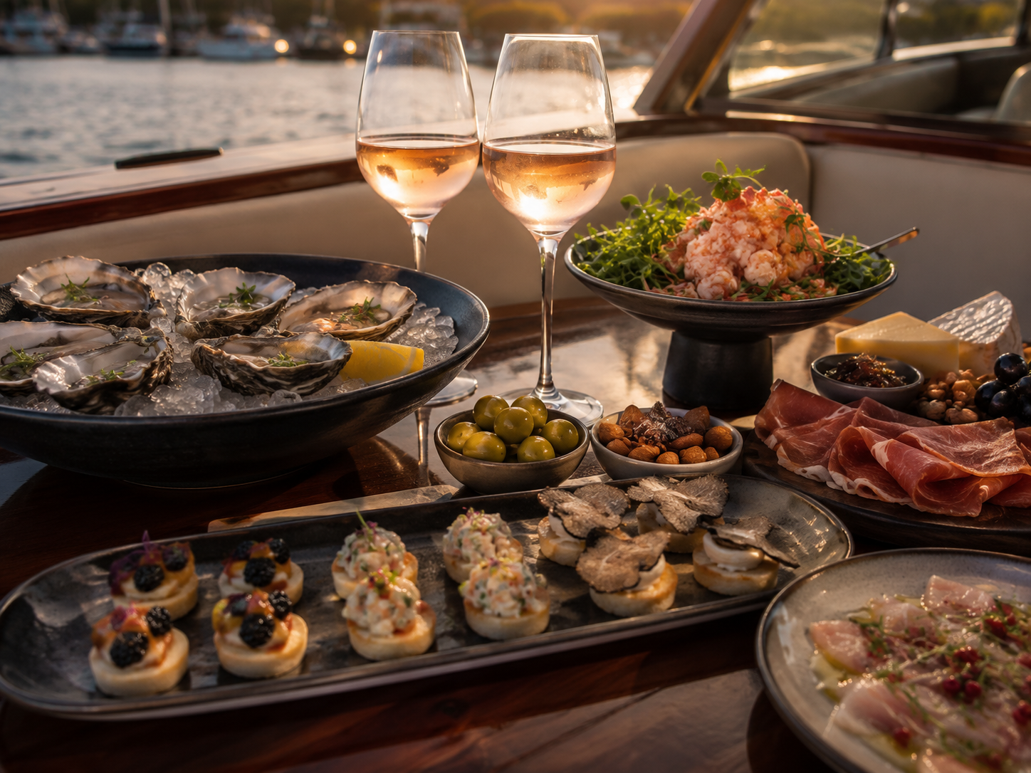 Een luxe tafel met oesters, kreeft, champagne en rosé aan boord