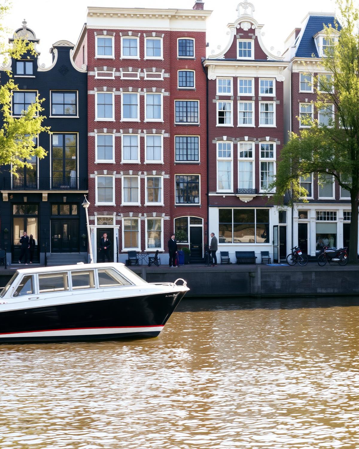 Statige Amsterdamse grachtenpanden aan de Herengracht met rustig water ervoor
